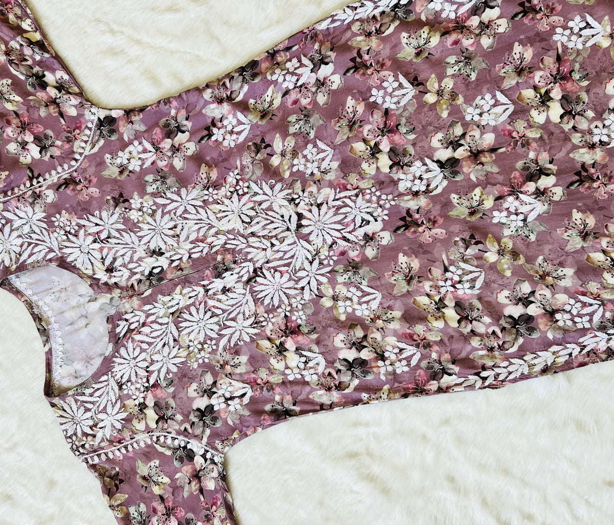 Hina Mauve Printed Rayon Kurta with White Chikankari Handwork