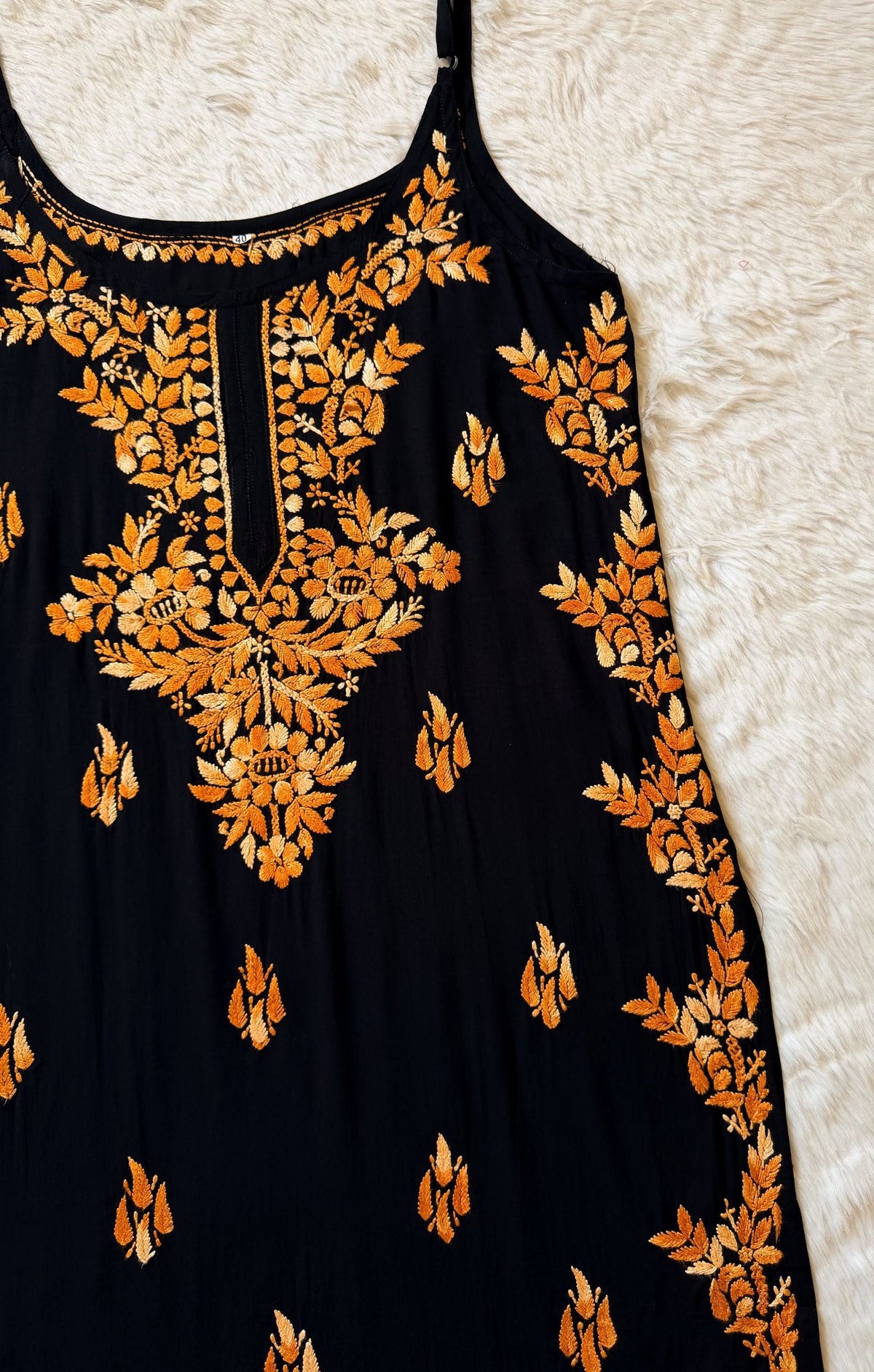 Hoor Black &amp; Peach Knee Length Modal Chikankari Kurti