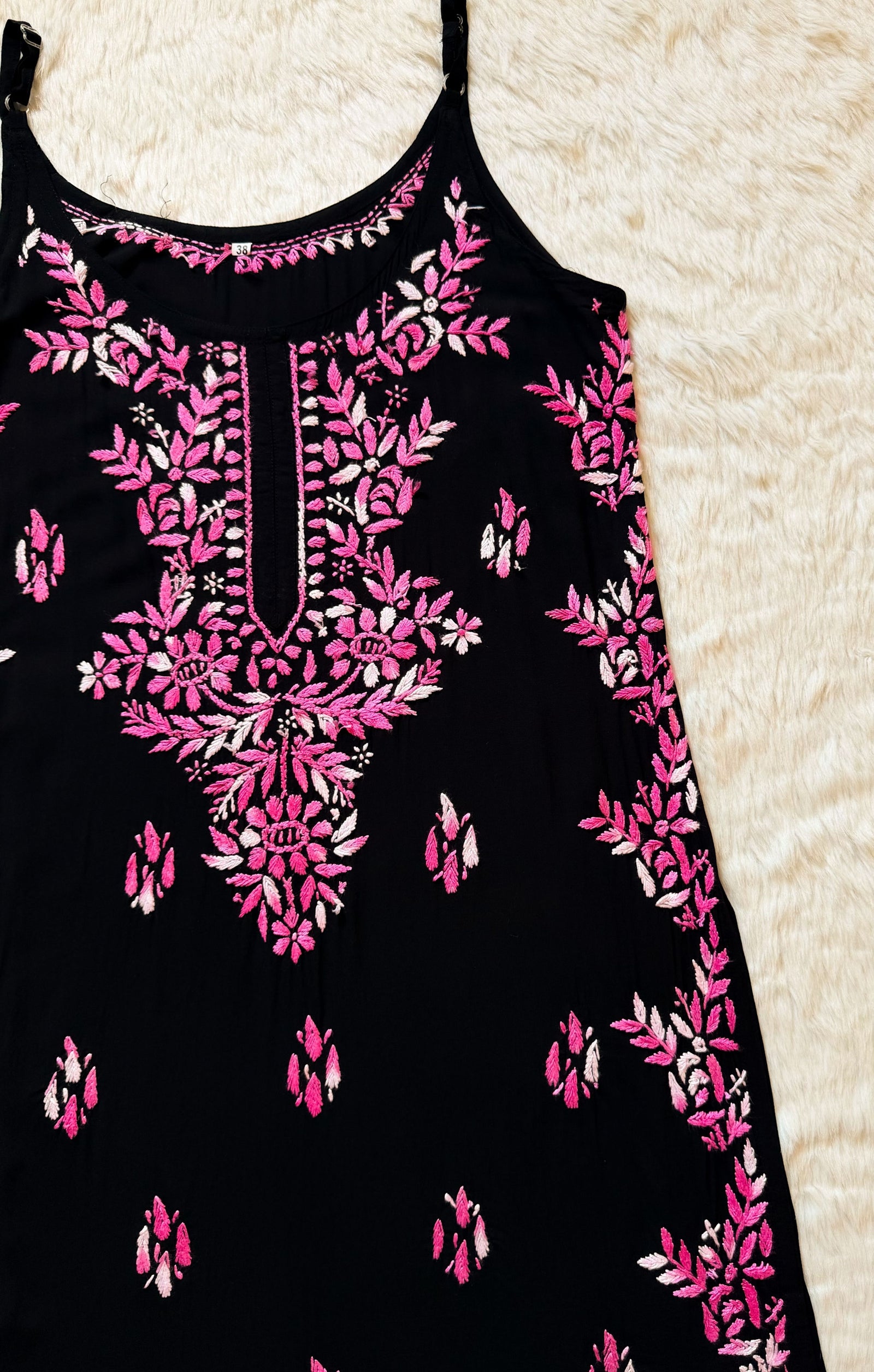 Hoor Black & Pink Knee Length Modal Chikankari Kurti