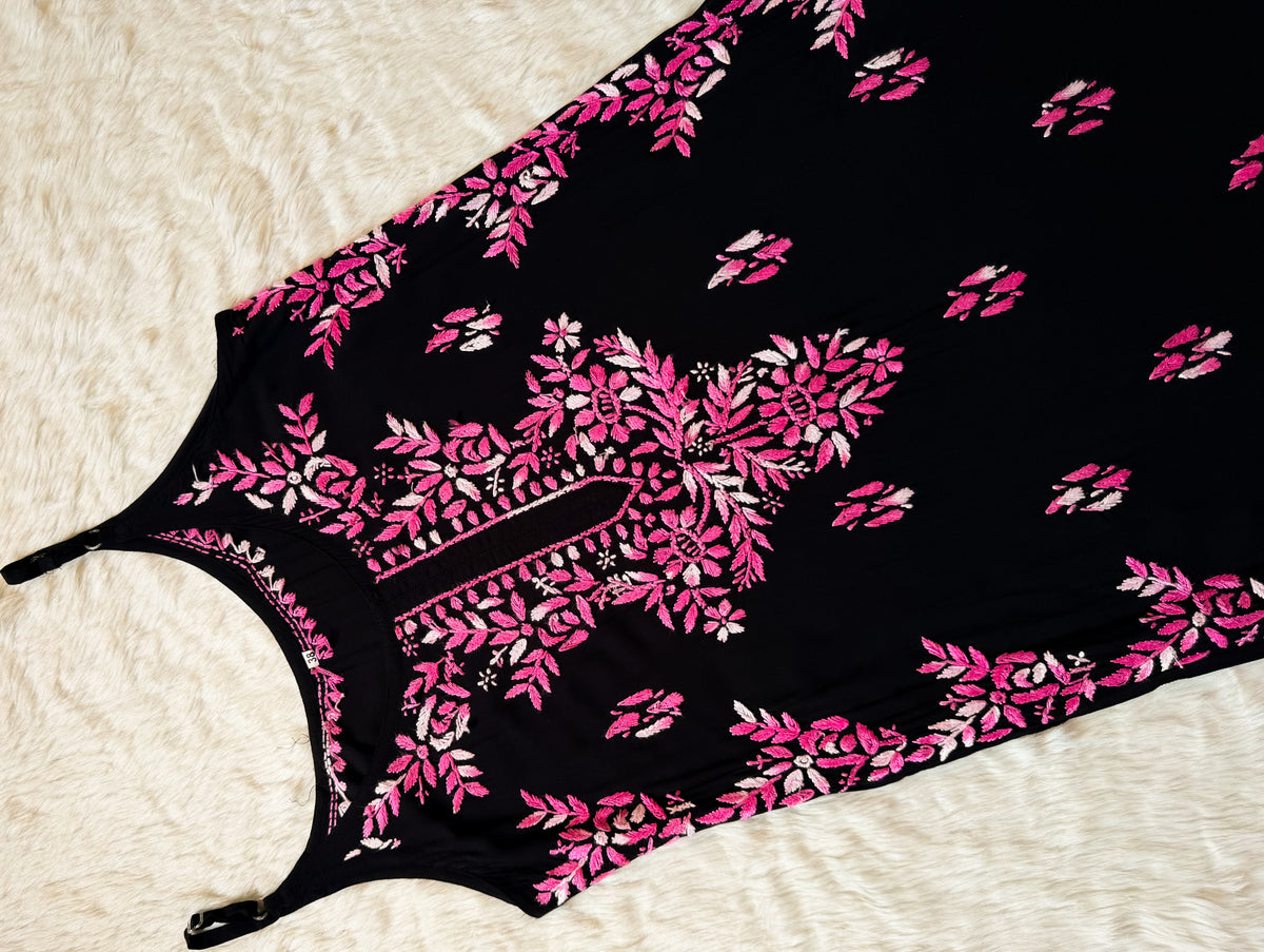 Hoor Black & Pink Knee Length Modal Chikankari Kurti