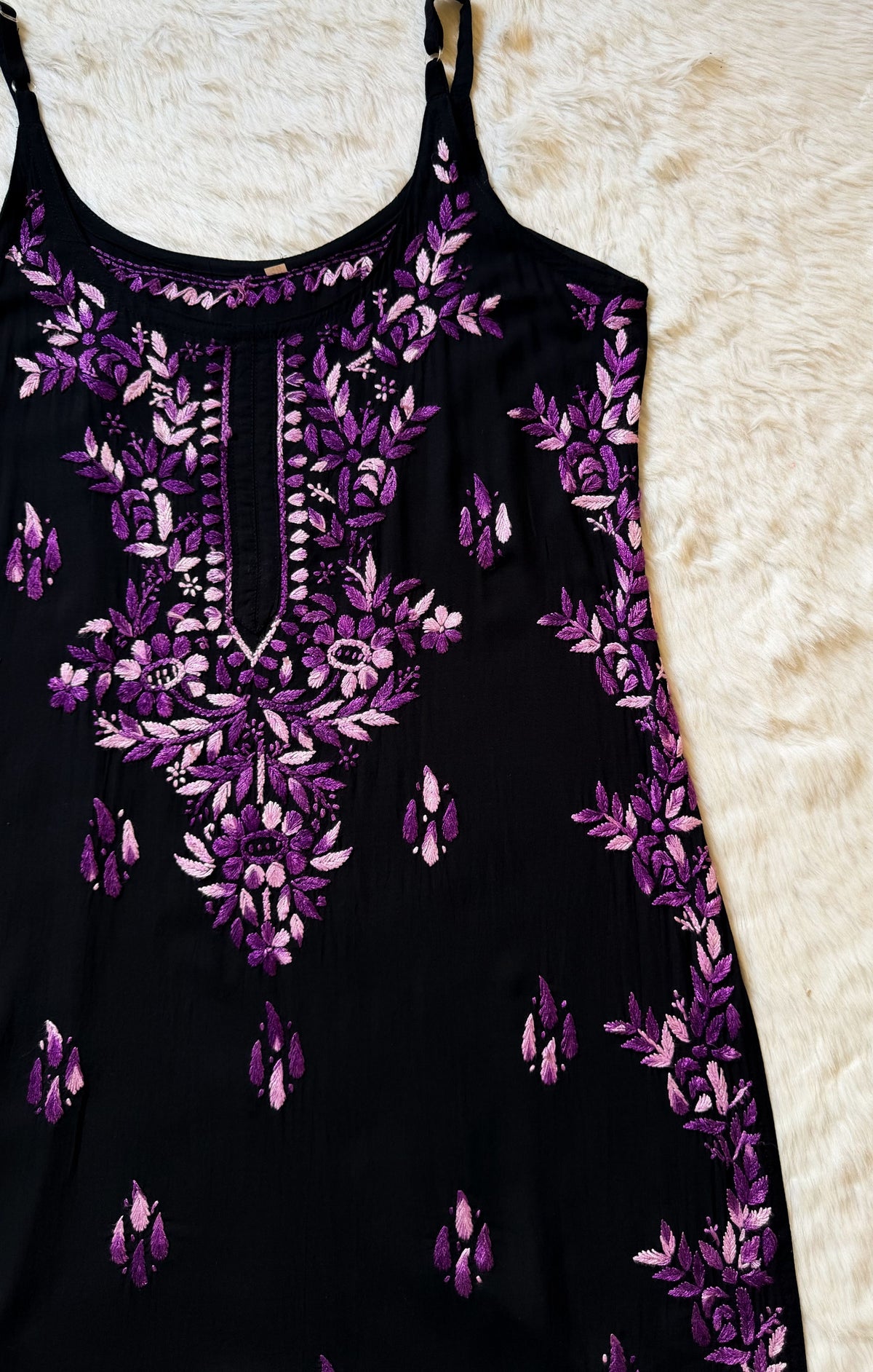 Hoor Black &amp; Purple Knee Length Modal Chikankari Kurti