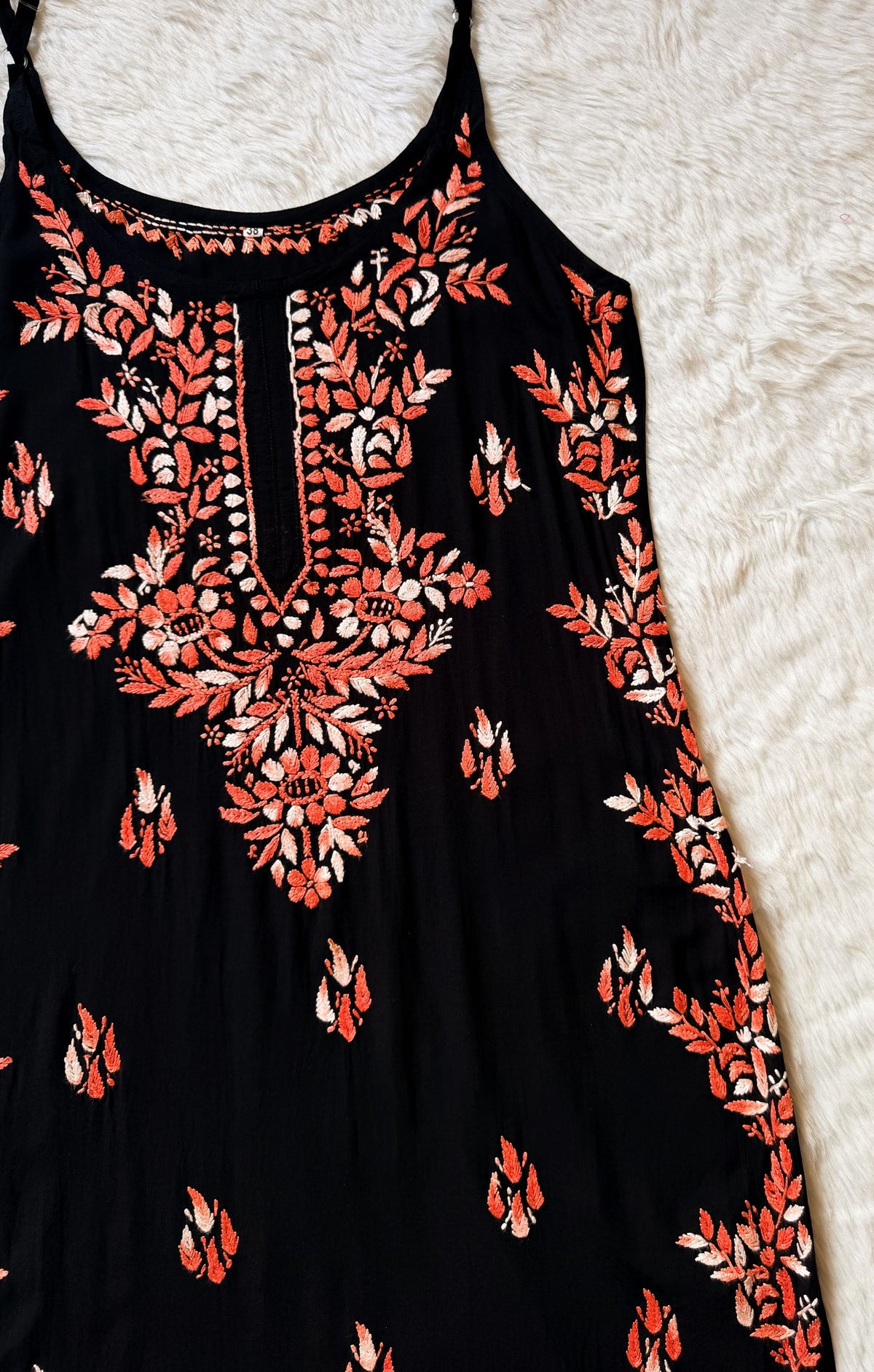 Hoor Black &amp; Rust Colour Knee Length Modal Chikankari Kurti