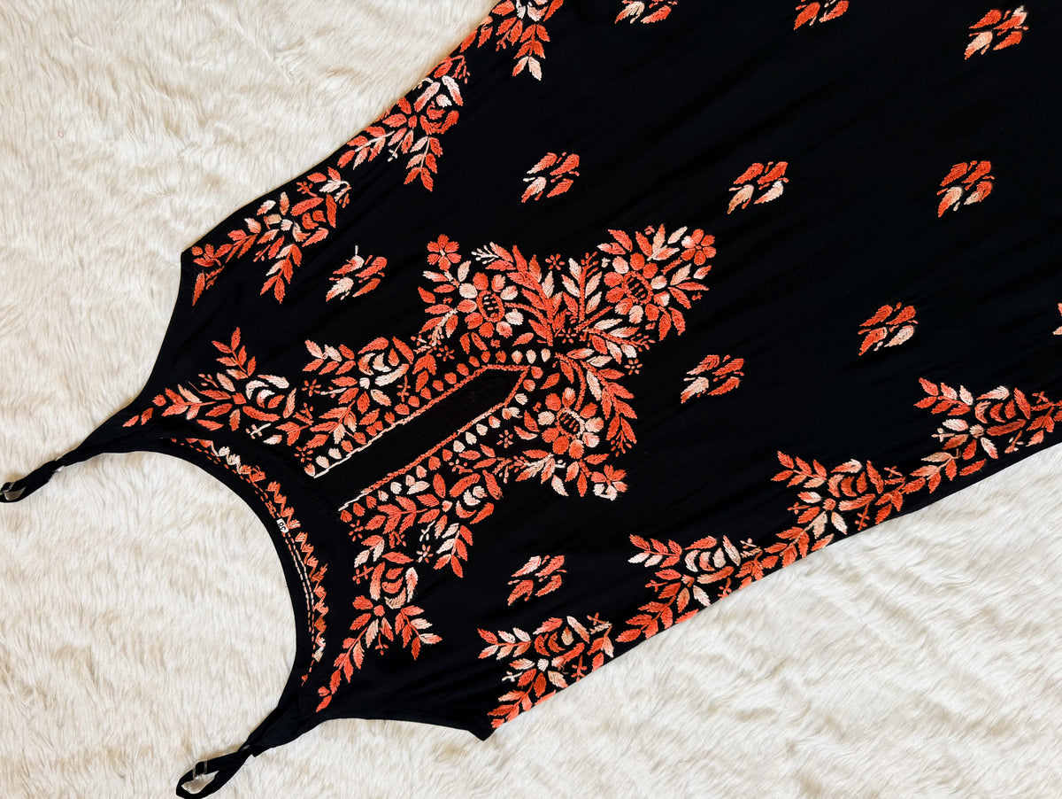 Hoor Black & Rust Colour Knee Length Modal Chikankari Kurti