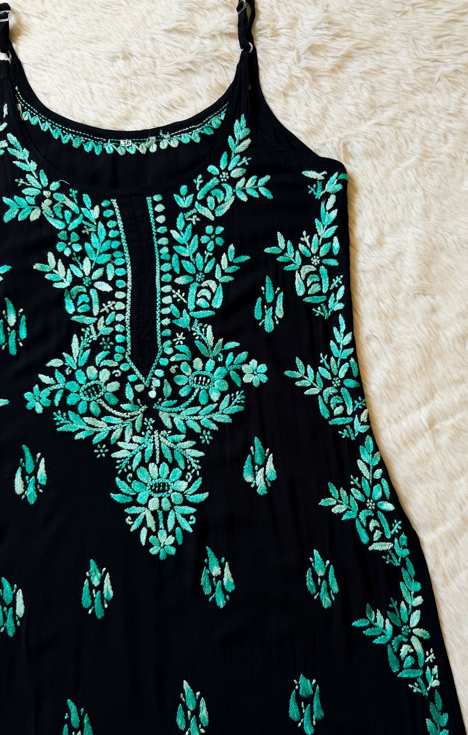 Hoor Black & Teal Knee Length Modal Chikankari Kurti