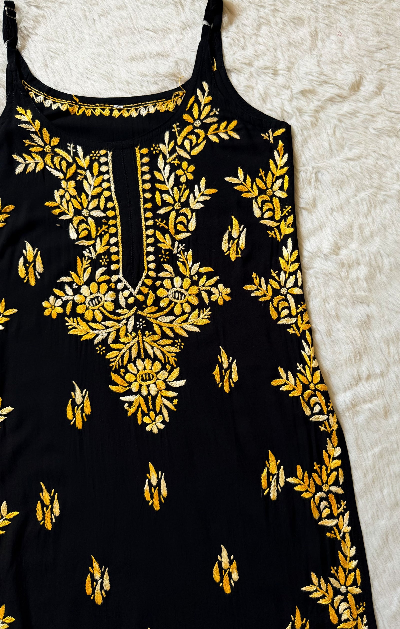 Hoor Black & Yellow Knee Length Modal Chikankari Kurti