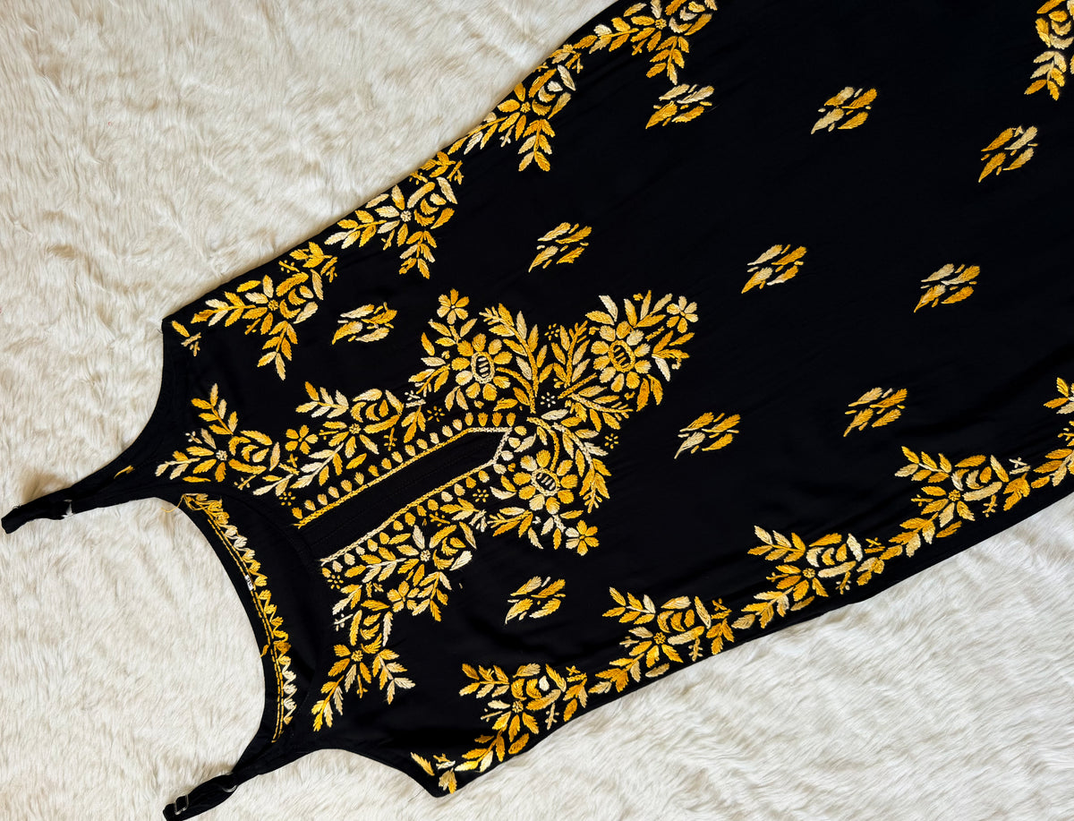 Hoor Black & Yellow Knee Length Modal Chikankari Kurti