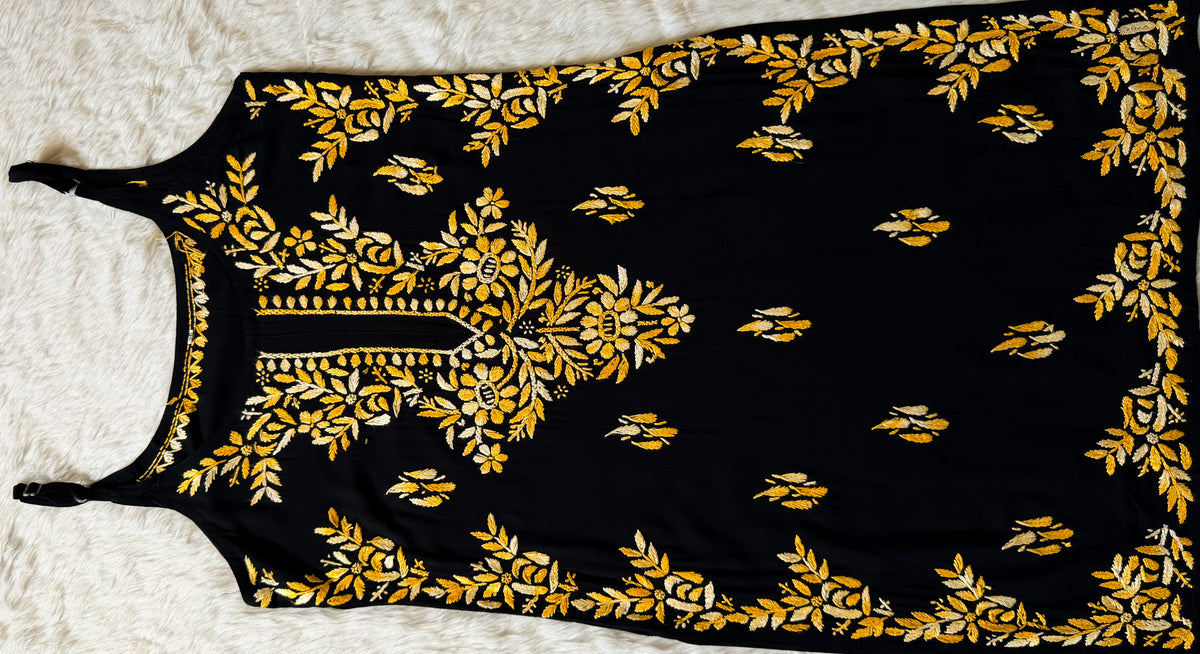Hoor Black & Yellow Knee Length Modal Chikankari Kurti