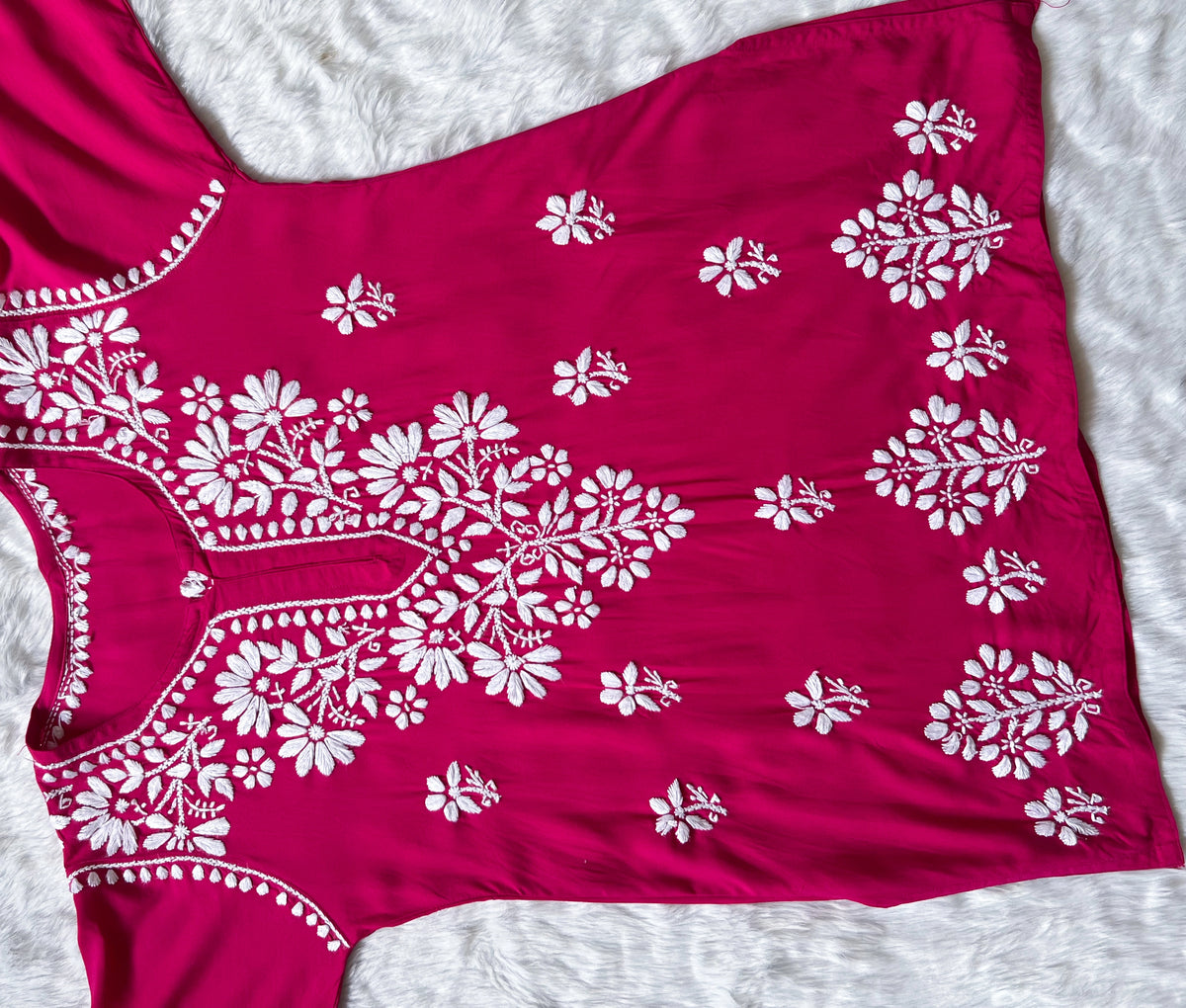 Hot Pink Short Rayon Kurta with White Chikankari