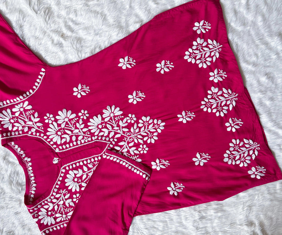 Hot Pink Short Rayon Kurta with White Chikankari