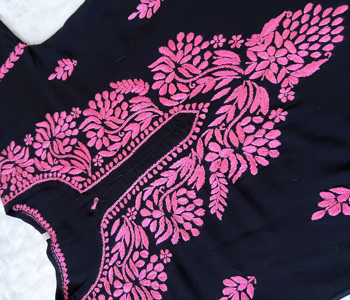 Huda Black & Baby Pink Rayon Chikankari Kurta