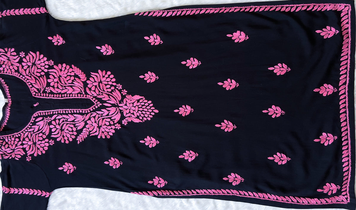 Huda Black & Baby Pink Rayon Chikankari Kurta