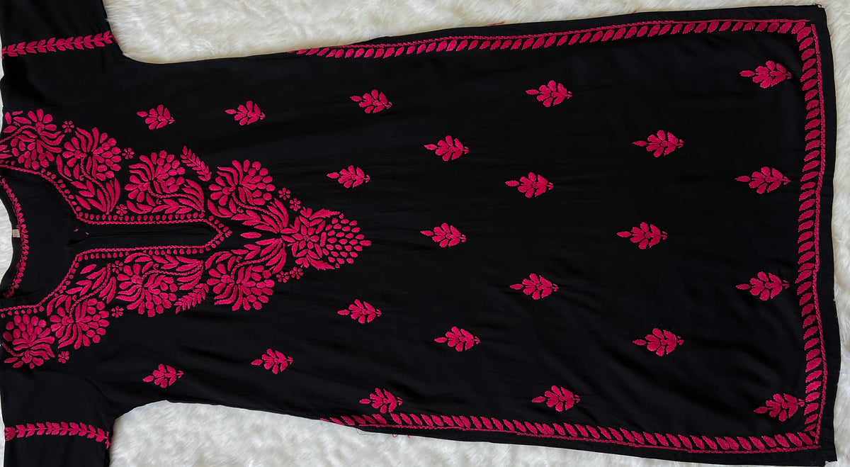 Huda Black & Dark Pink Rayon Chikankari Kurta