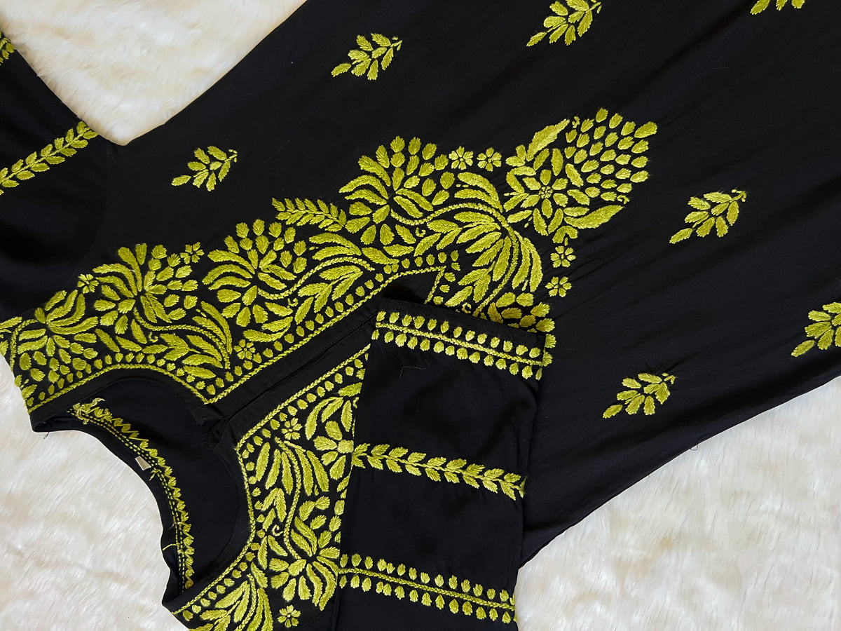 Huda Black & Green Rayon Chikankari Kurta