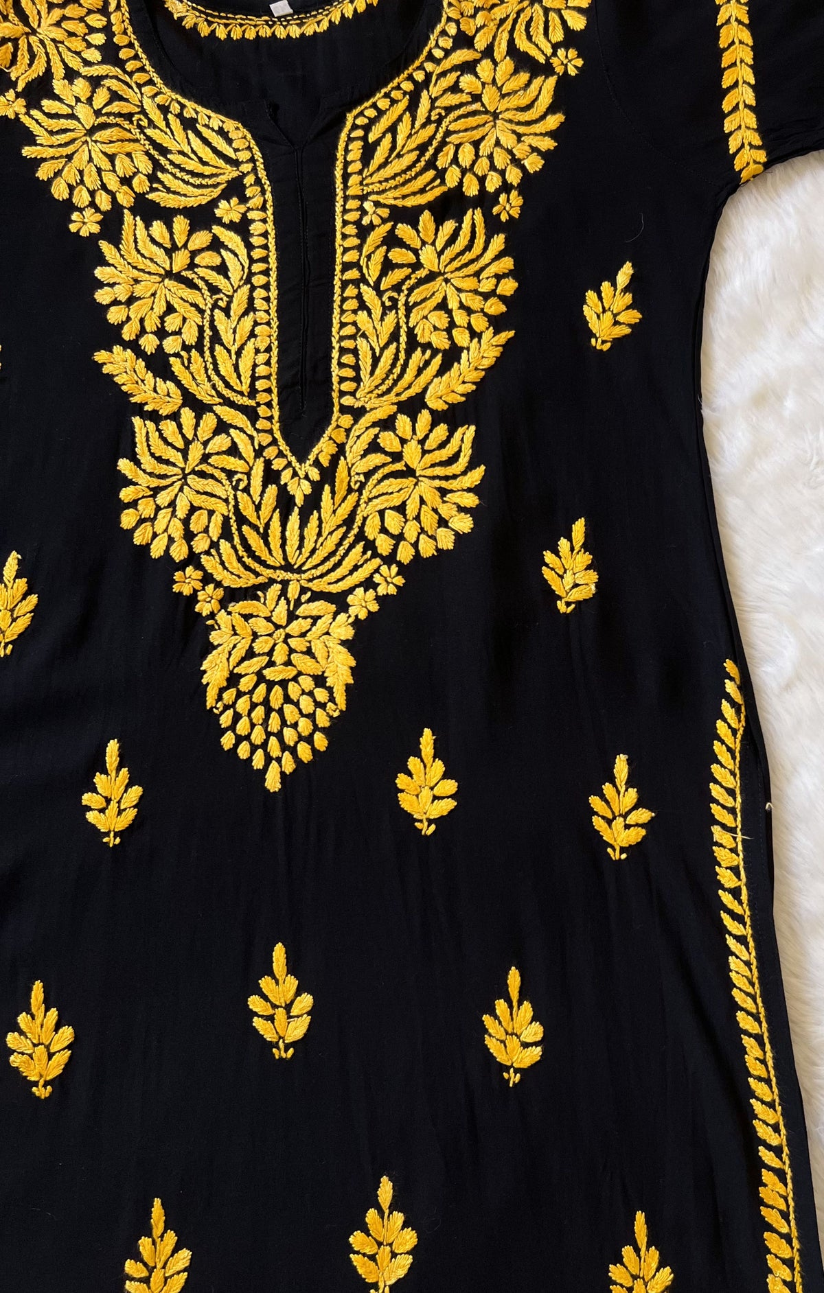 Huda Black &amp; Mango Yellow Rayon Chikankari Kurta