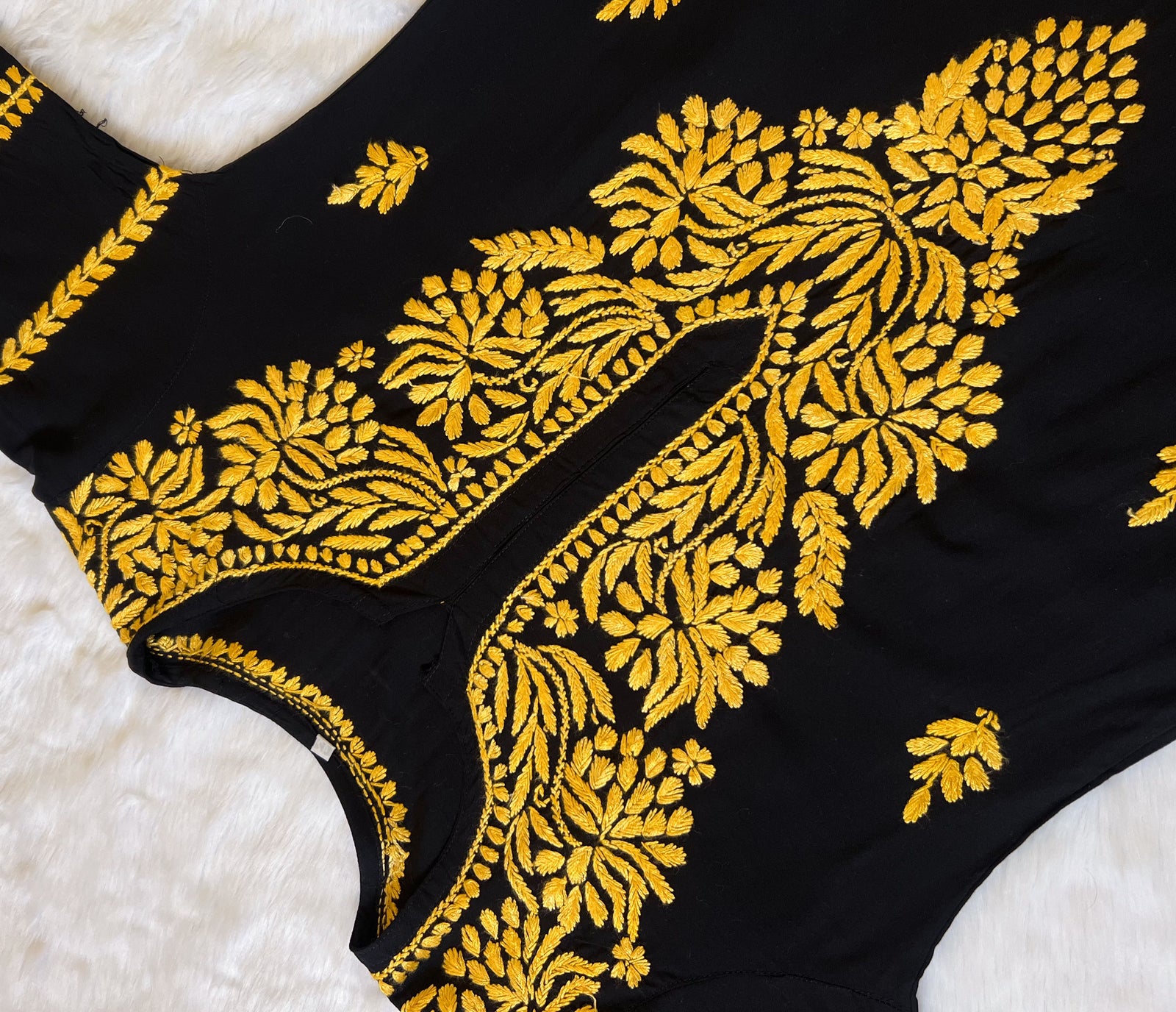 Huda Black & Mango Yellow Rayon Chikankari Kurta