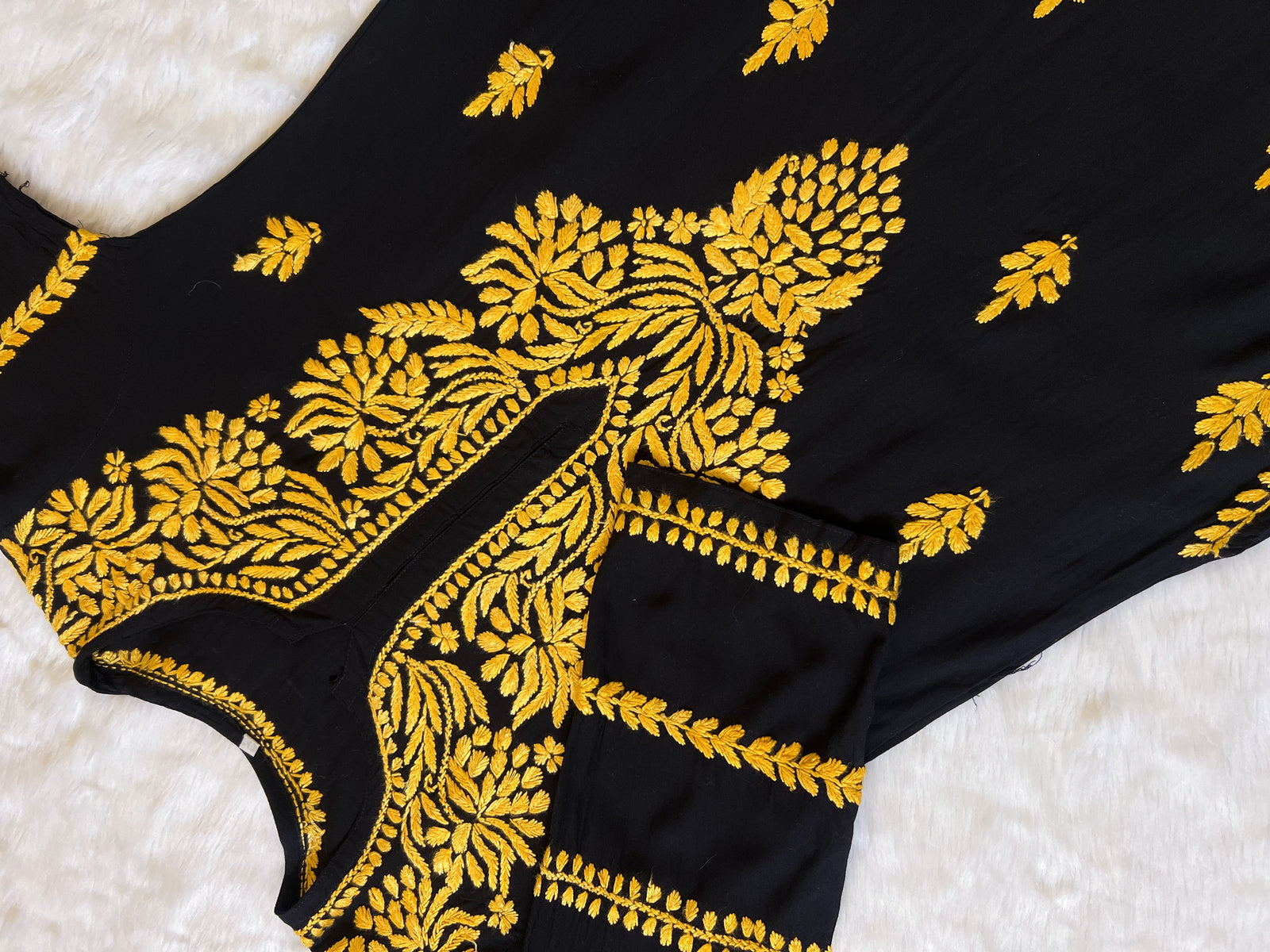 Huda Black & Mango Yellow Rayon Chikankari Kurta