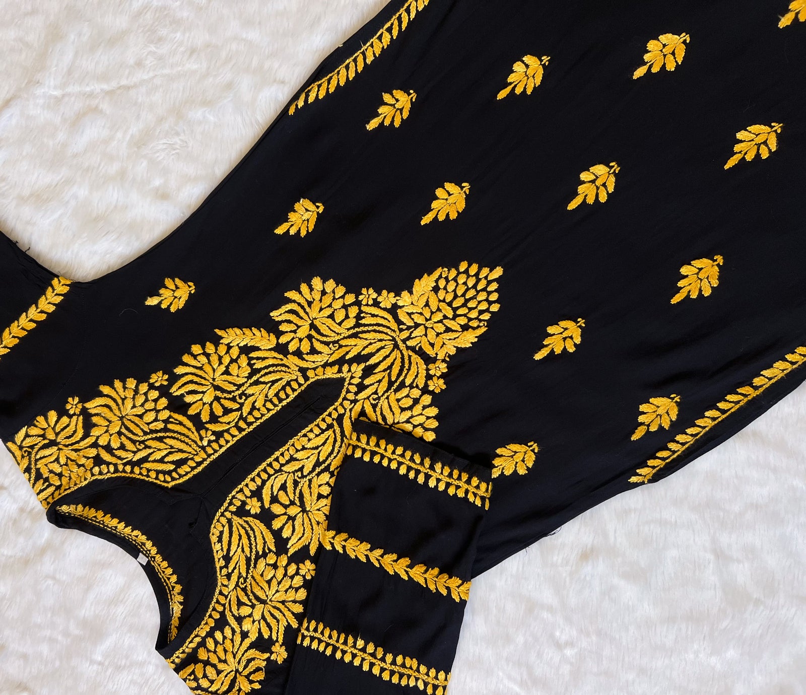 Huda Black & Mango Yellow Rayon Chikankari Kurta