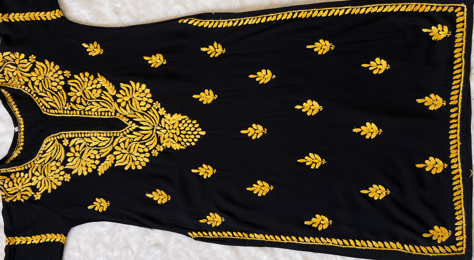 Huda Black & Mango Yellow Rayon Chikankari Kurta