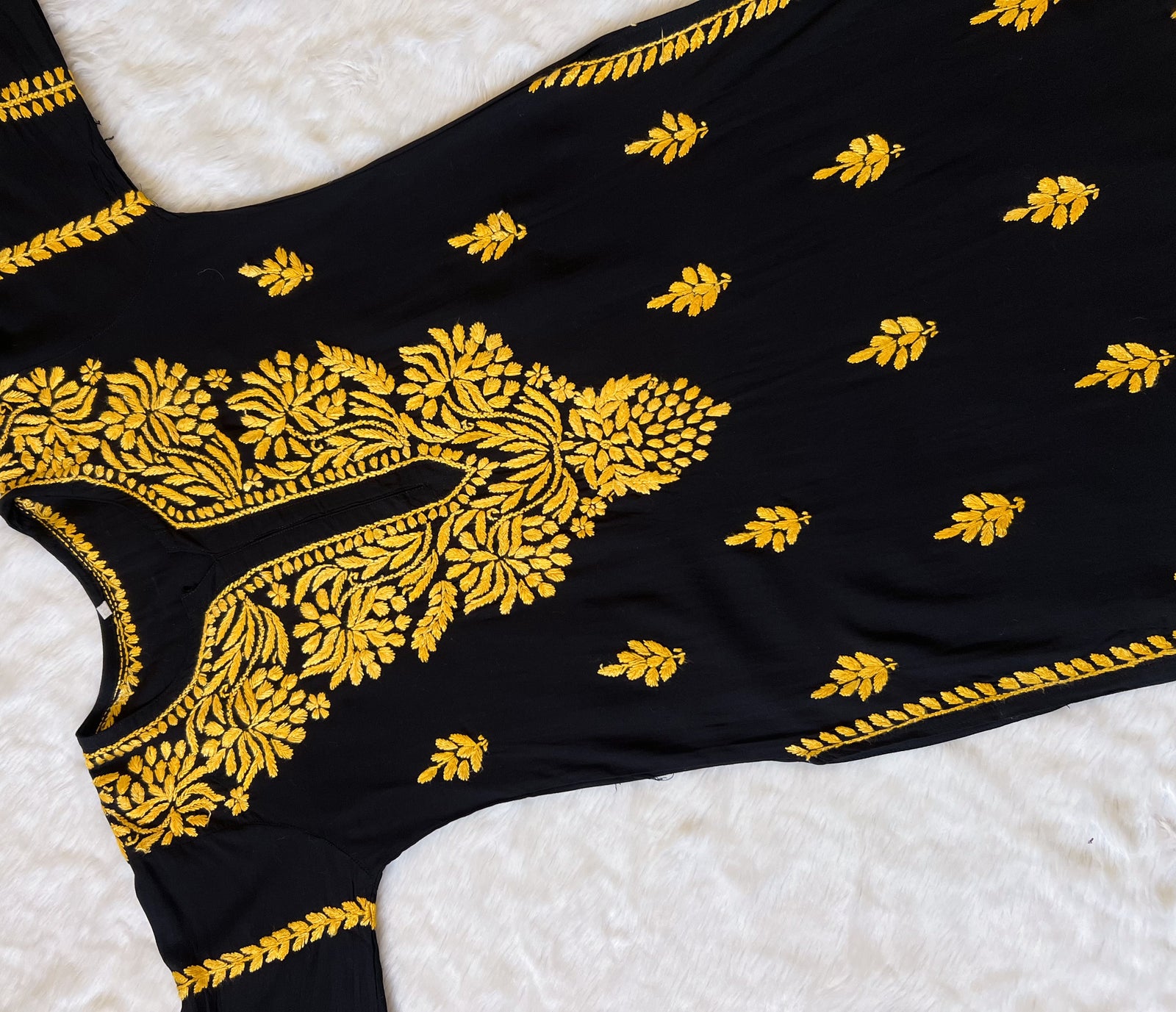 Huda Black & Mango Yellow Rayon Chikankari Kurta