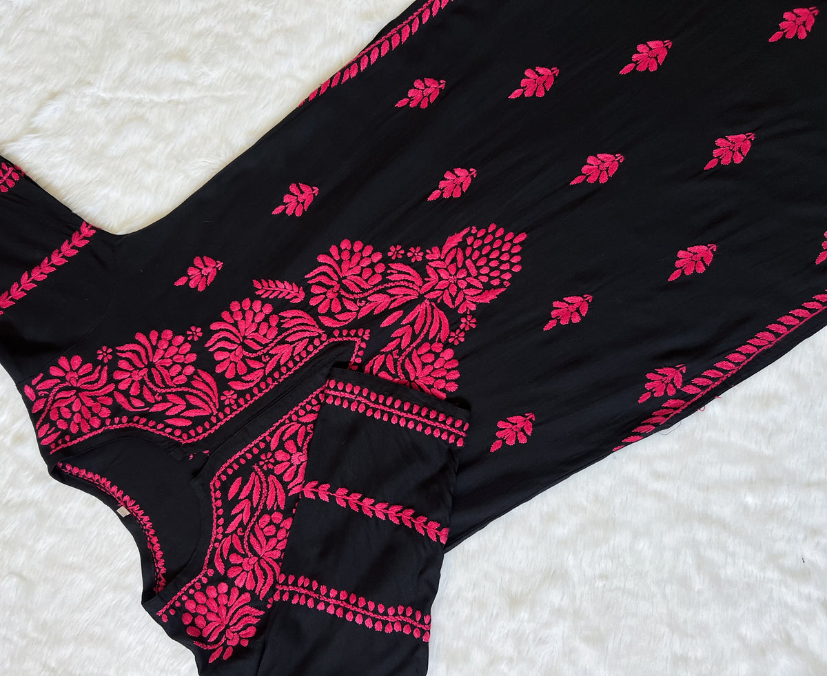 Huda Black & Pink Rayon Chikankari Kurta