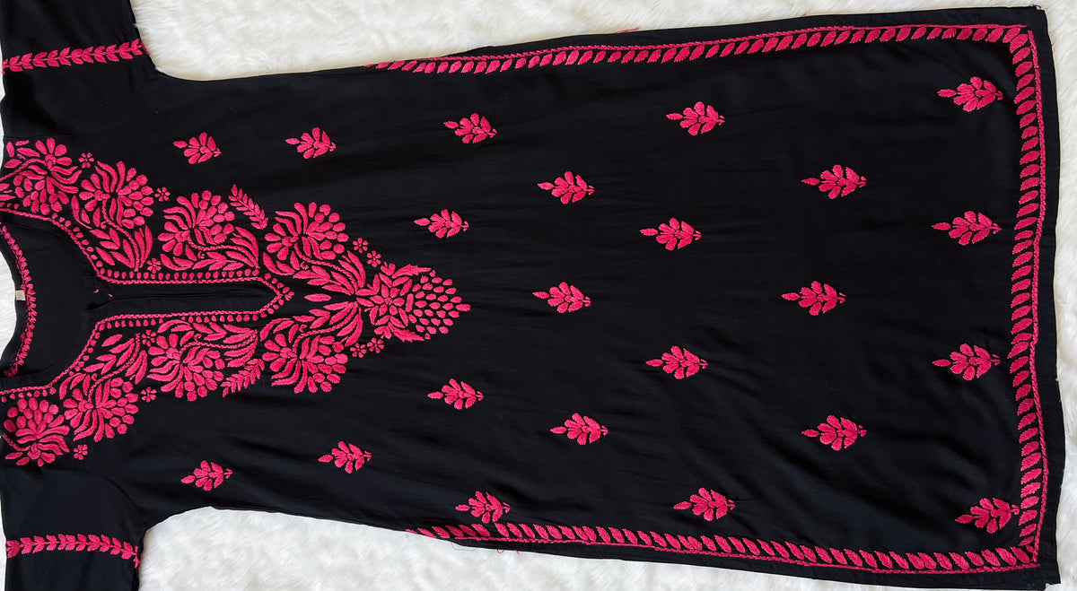 Huda Black & Pink Rayon Chikankari Kurta