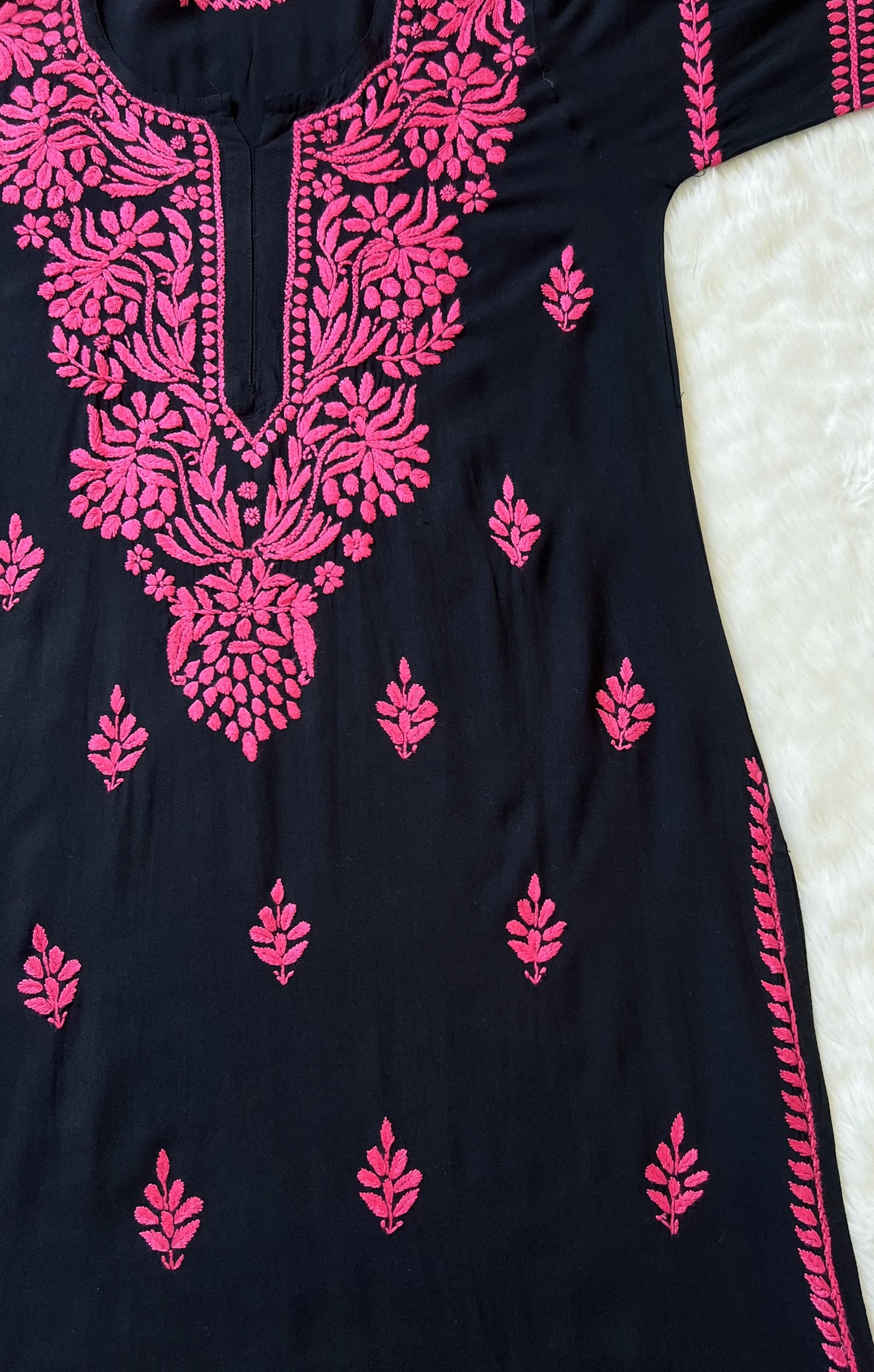 Huda Black & Rose Pink Rayon Chikankari Kurta