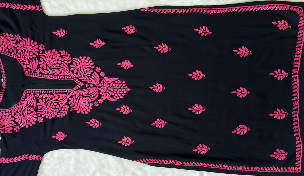 Huda Black & Rose Pink Rayon Chikankari Kurta