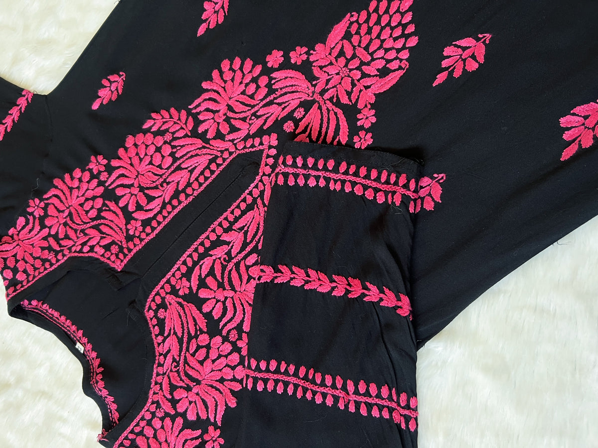 Huda Black & Rose Pink Rayon Chikankari Kurta