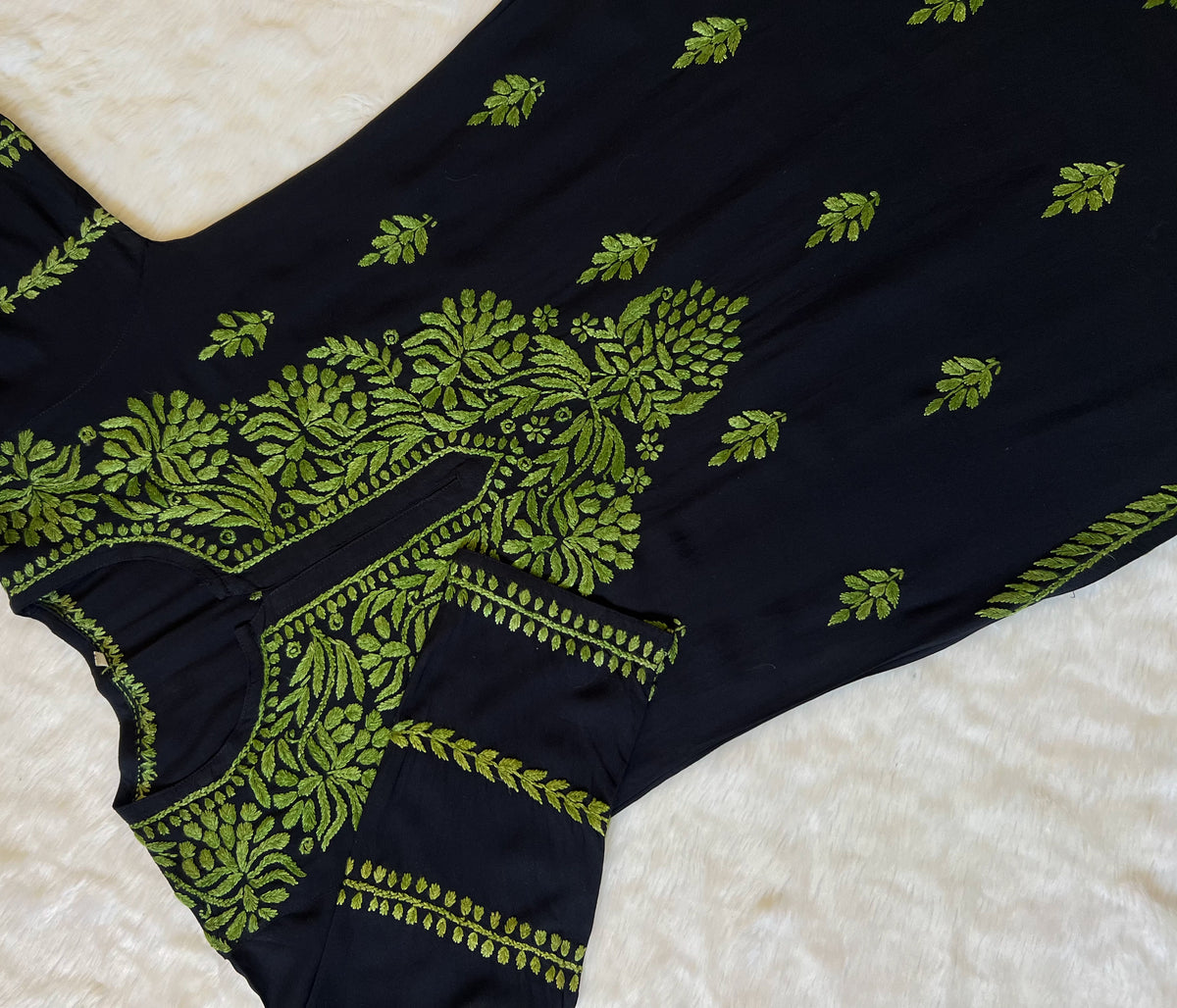 Huda Black & Sage Green Rayon Chikankari Kurta