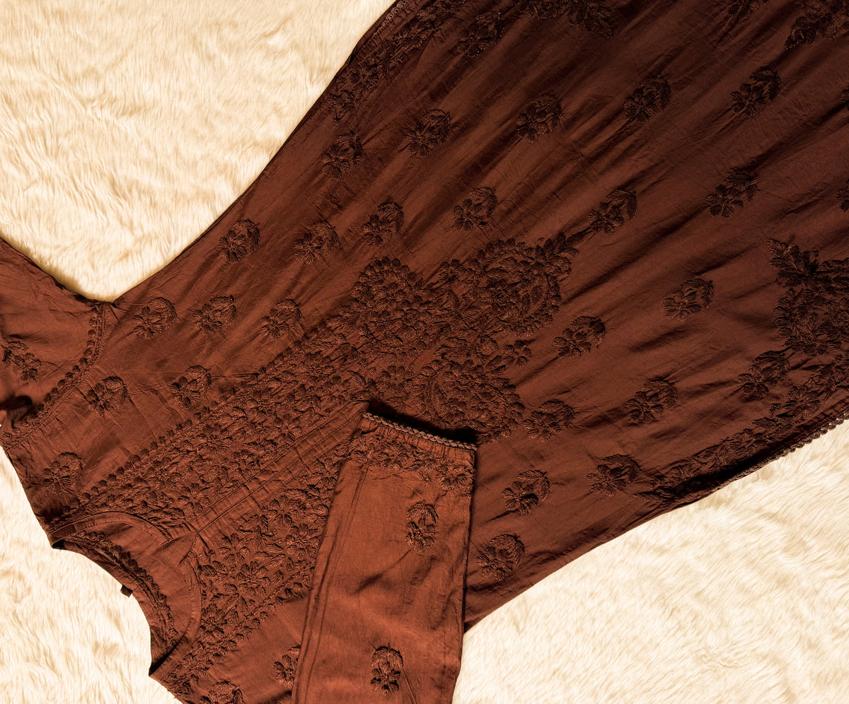Haniya Brown Ombre Chanderi Chikankari Kurta Bottom Set