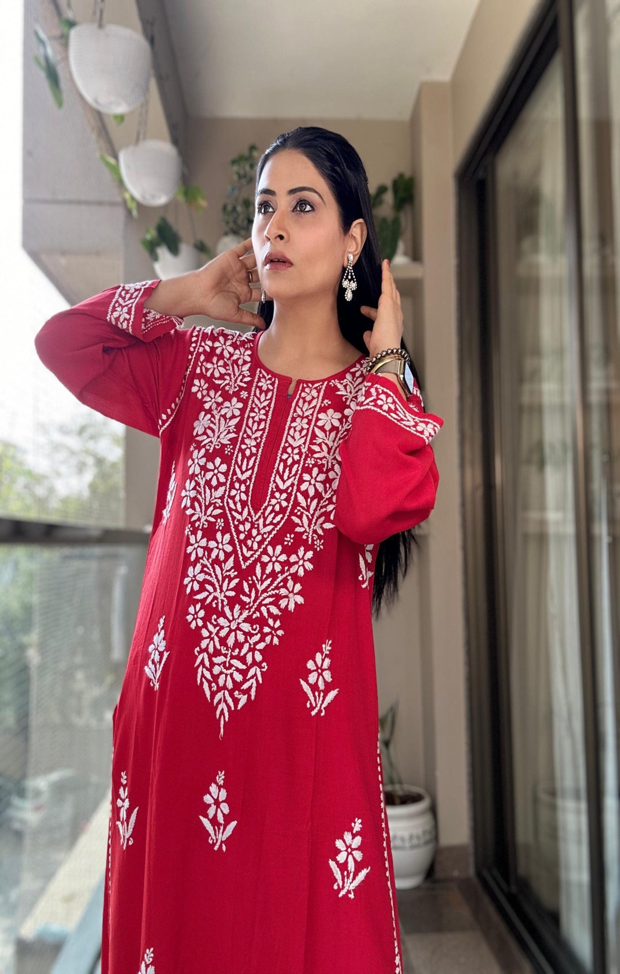 Long Rayon Kurta with White Chikankari Handwork