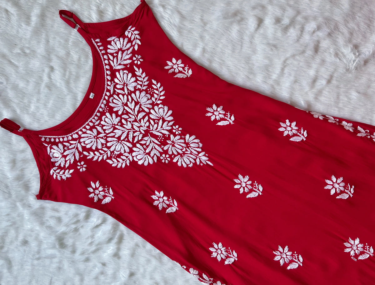 Rida Red Sleeveless Rayon Chikankari Kurta
