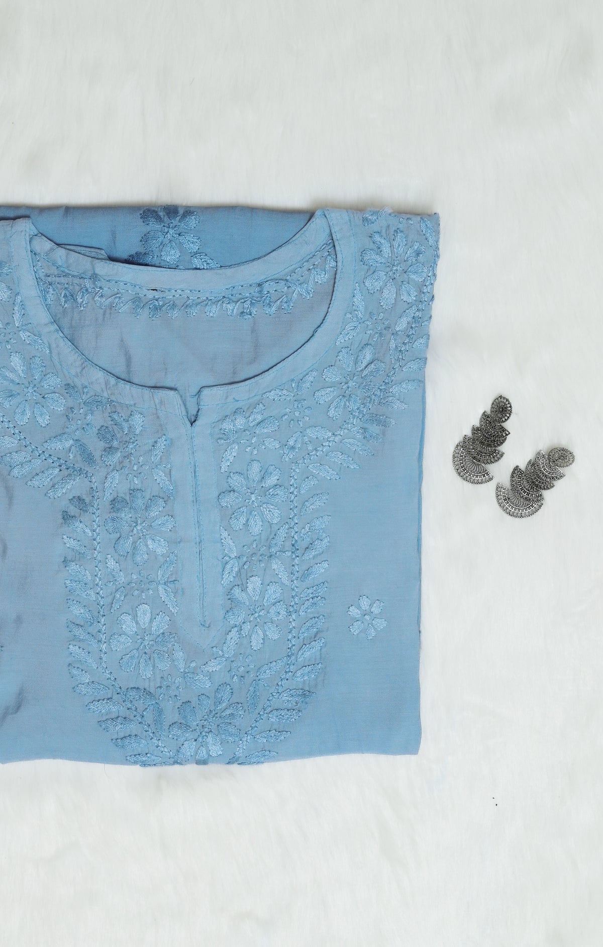 Ice blue Chanderi Short Chikankari Kurta