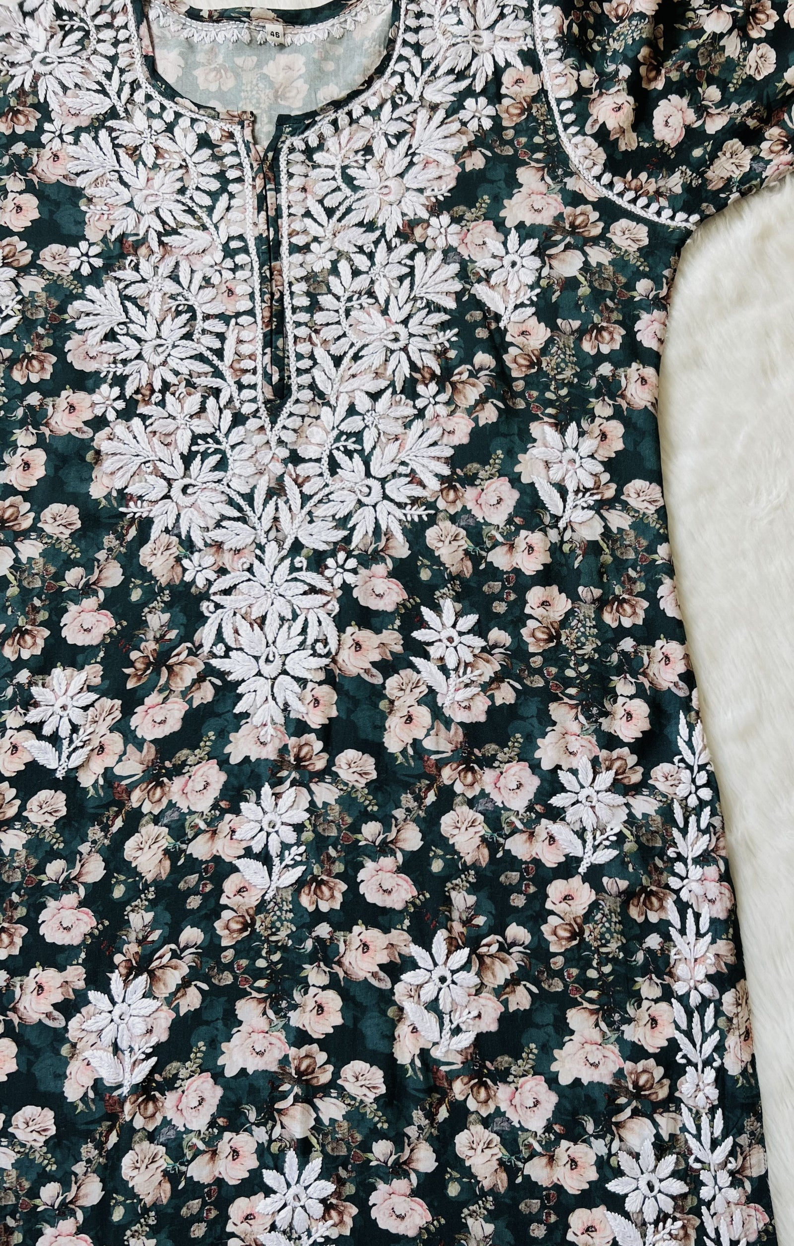 Iqra Forest Green Floral Printed Rayon Chikankari Kurta