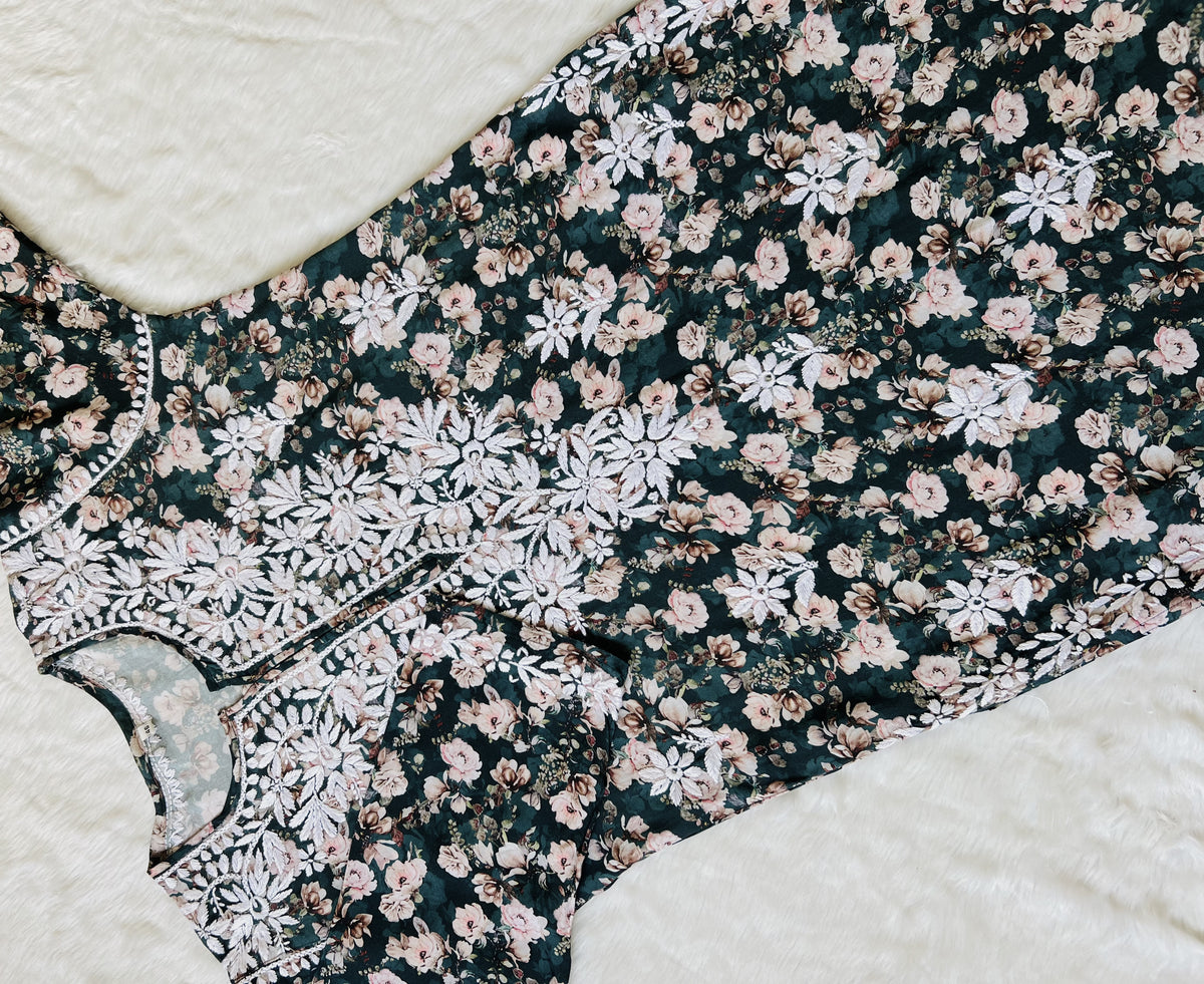 Iqra Forest Green Floral Printed Rayon Chikankari Kurta