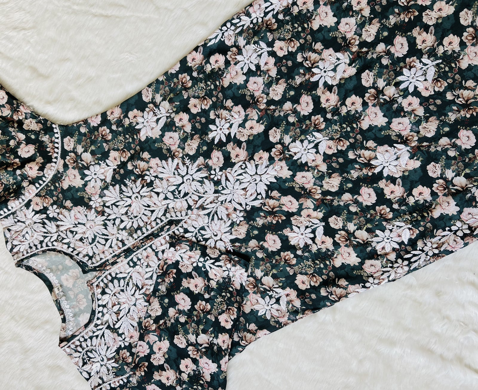 Iqra Forest Green Floral Printed Rayon Chikankari Kurta