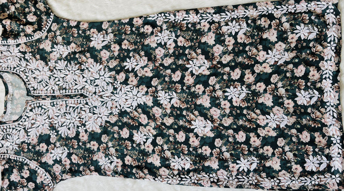 Iqra Forest Green Floral Printed Rayon Chikankari Kurta