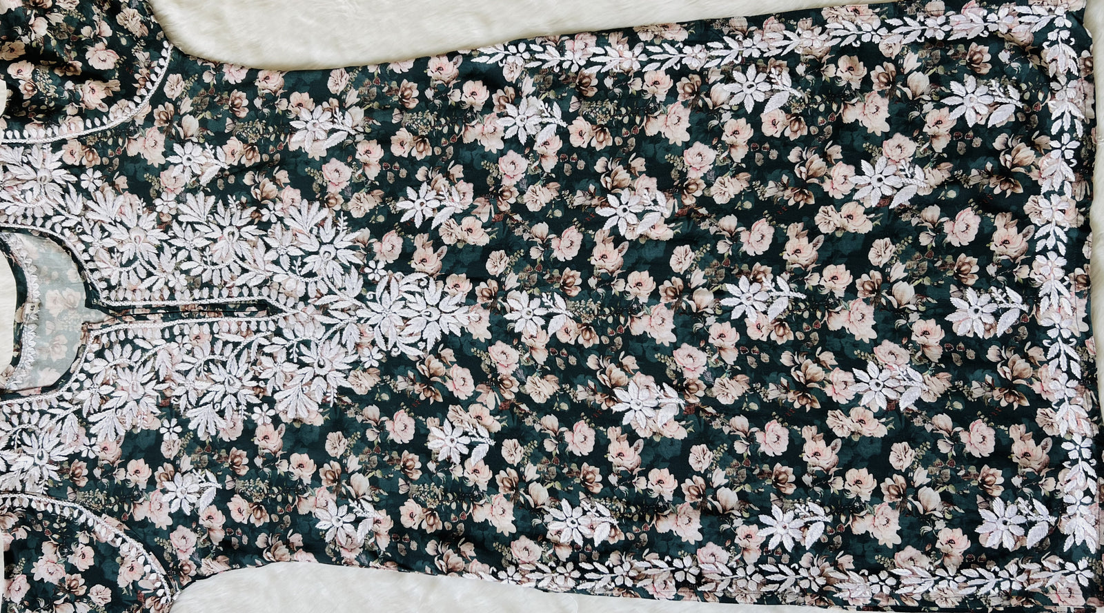 Iqra Forest Green Floral Printed Rayon Chikankari Kurta