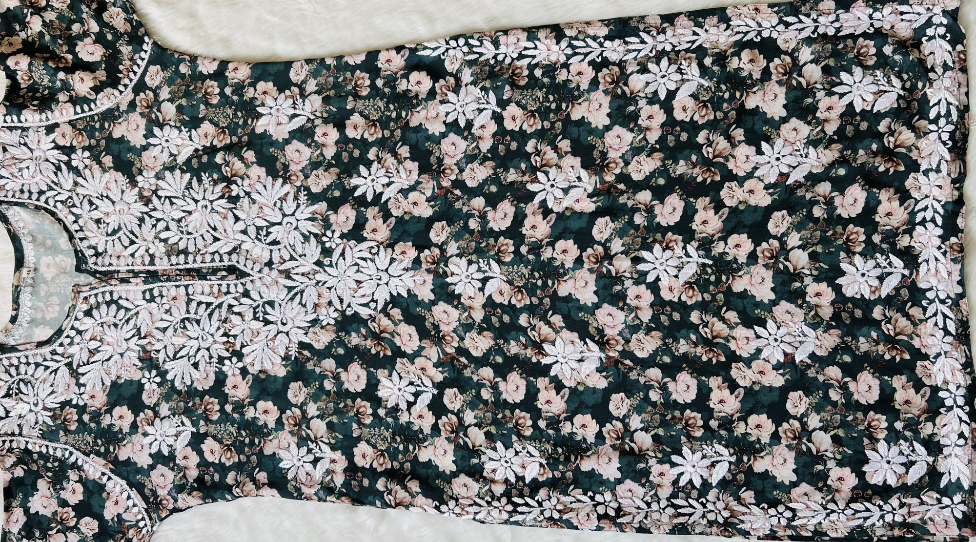 Iqra Forest Green Floral Printed Rayon Chikankari Kurta