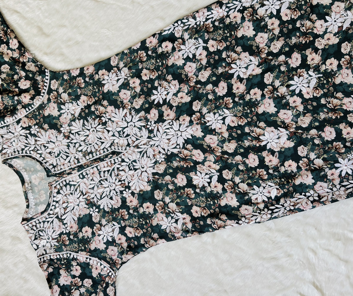 Iqra Forest Green Floral Printed Rayon Chikankari Kurta