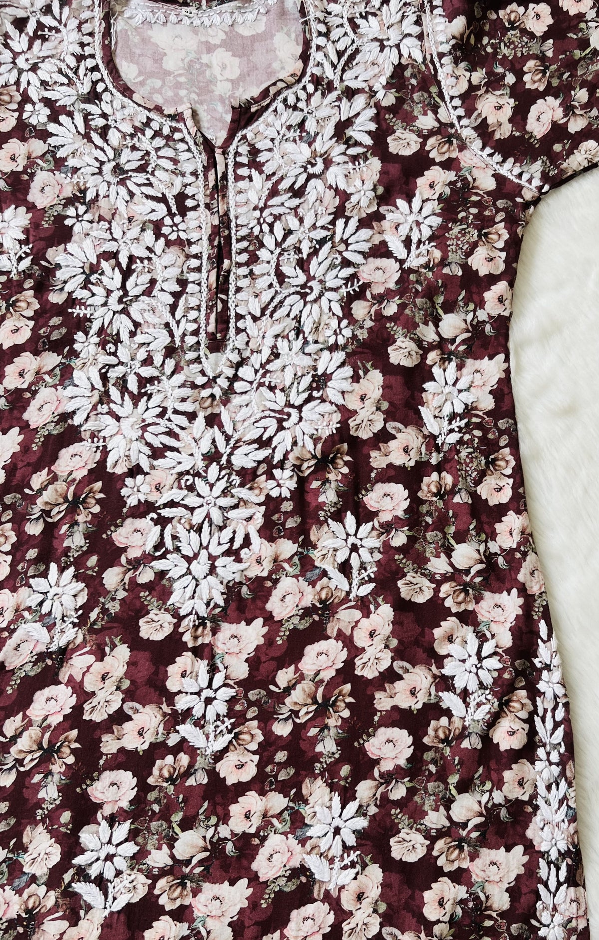 Iqra Maroon Floral Printed Rayon Chikankari Kurta