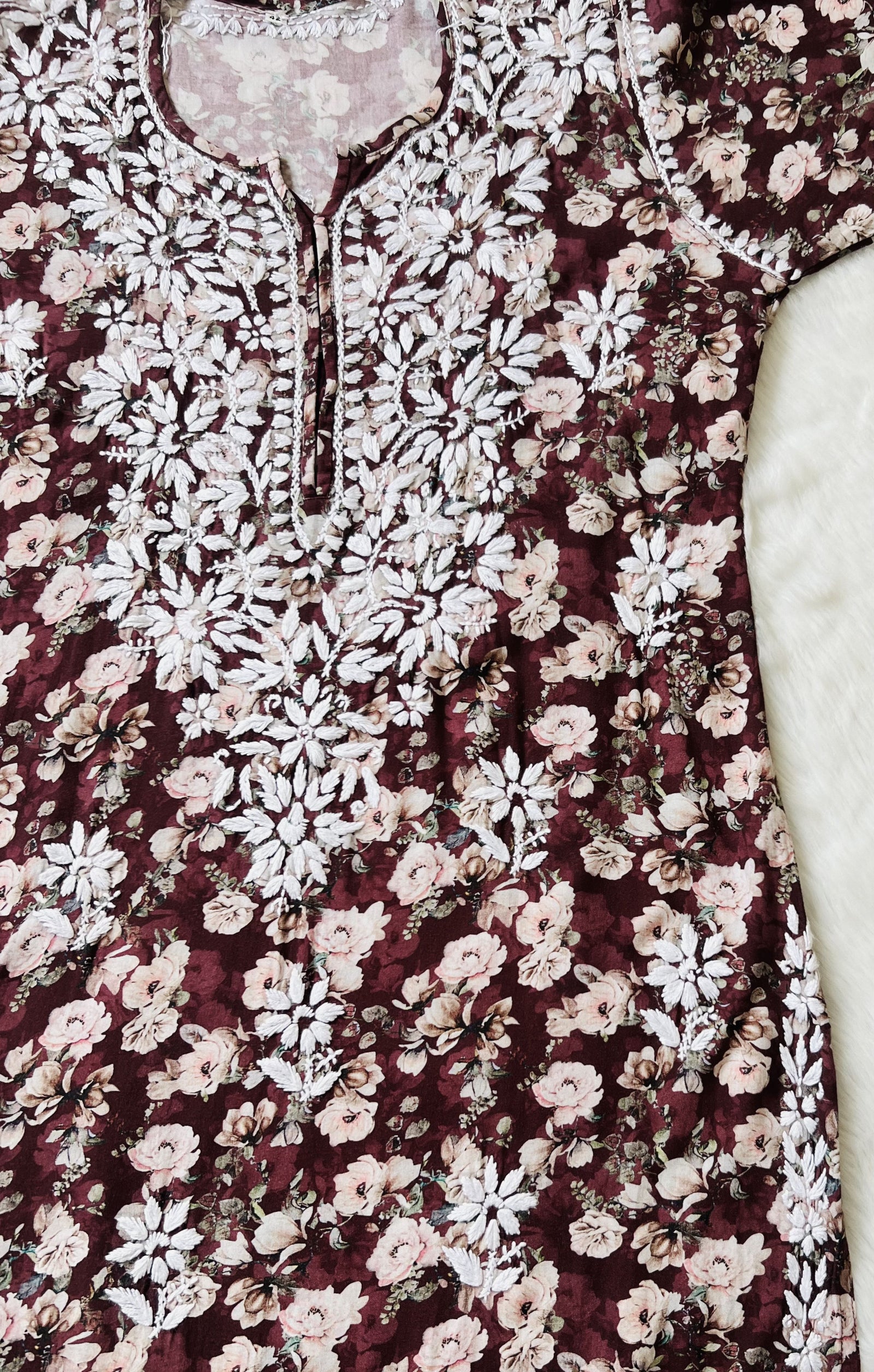 Iqra Maroon Floral Printed Rayon Chikankari Kurta