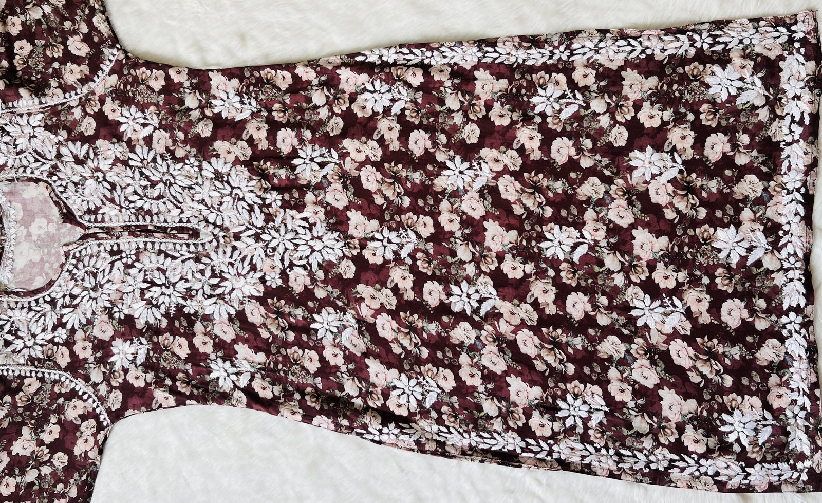 Iqra Maroon Floral Printed Rayon Chikankari Kurta
