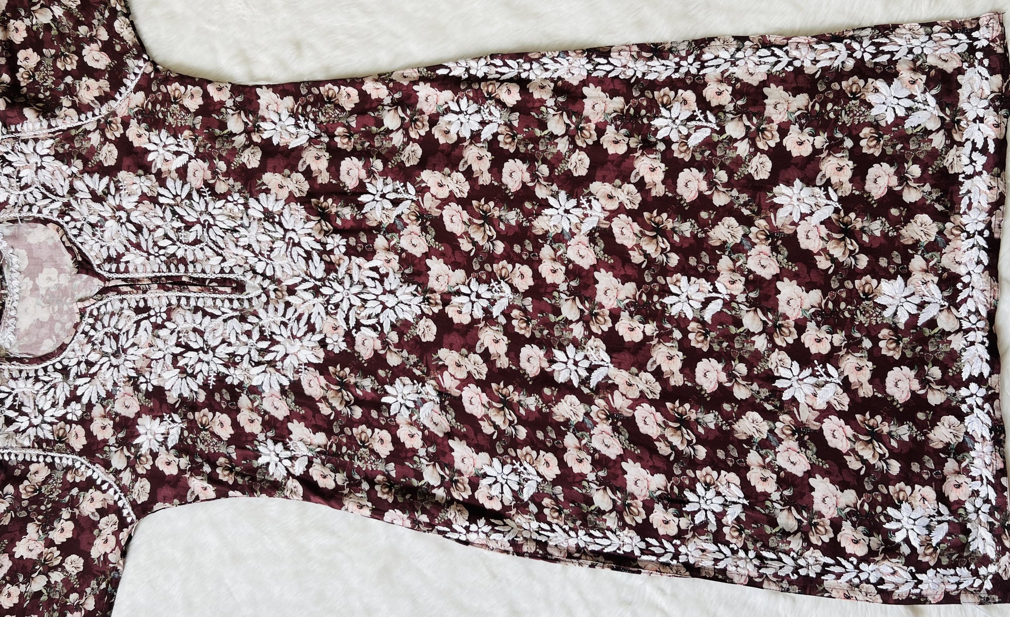 Iqra Maroon Floral Printed Rayon Chikankari Kurta