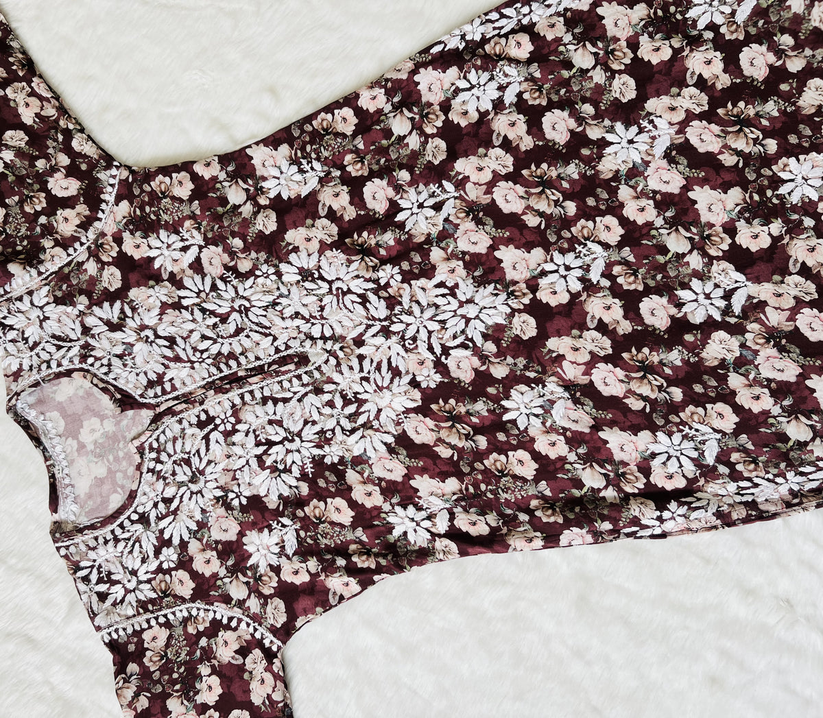 Iqra Maroon Floral Printed Rayon Chikankari Kurta