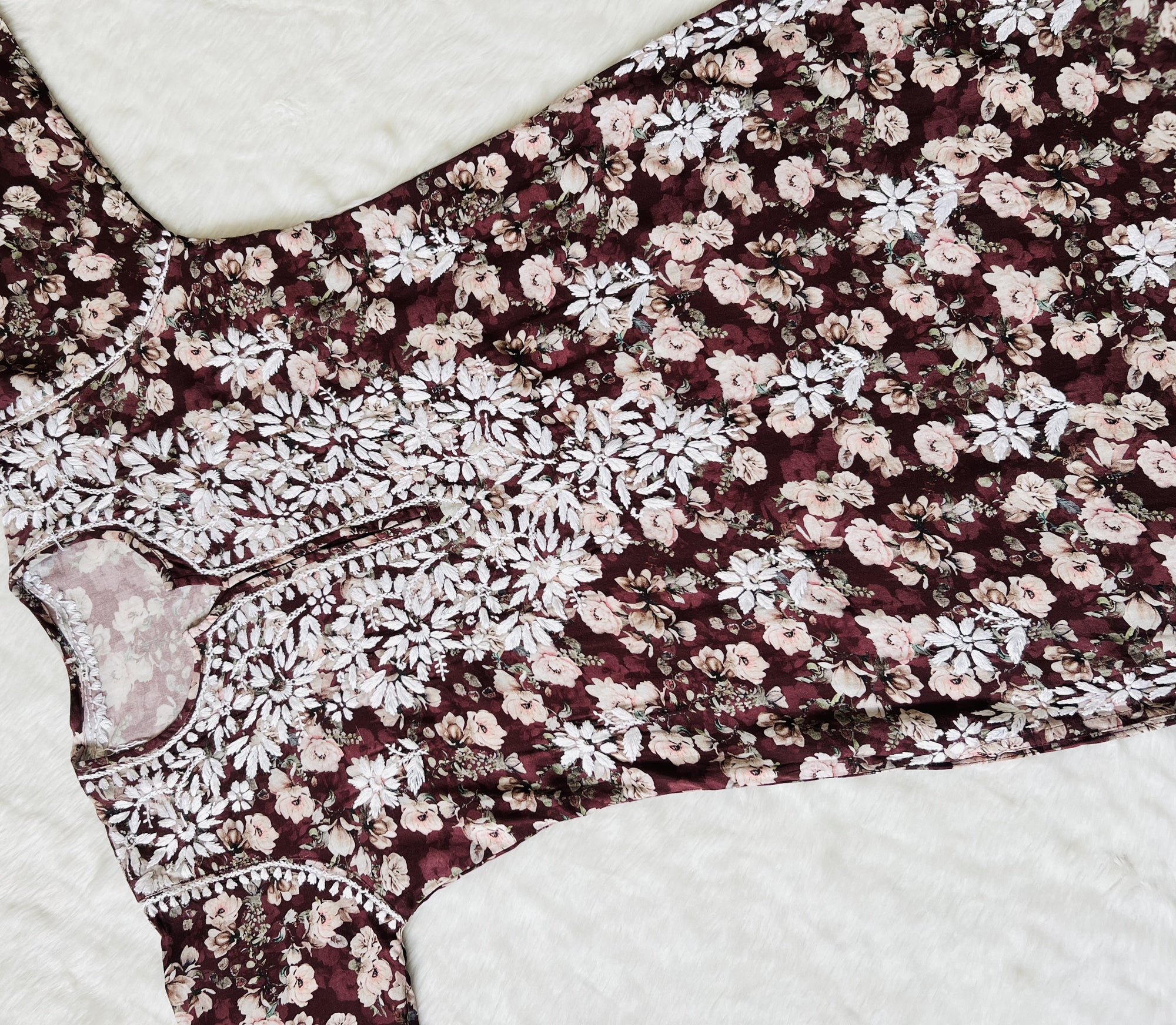 Iqra Maroon Floral Printed Rayon Chikankari Kurta