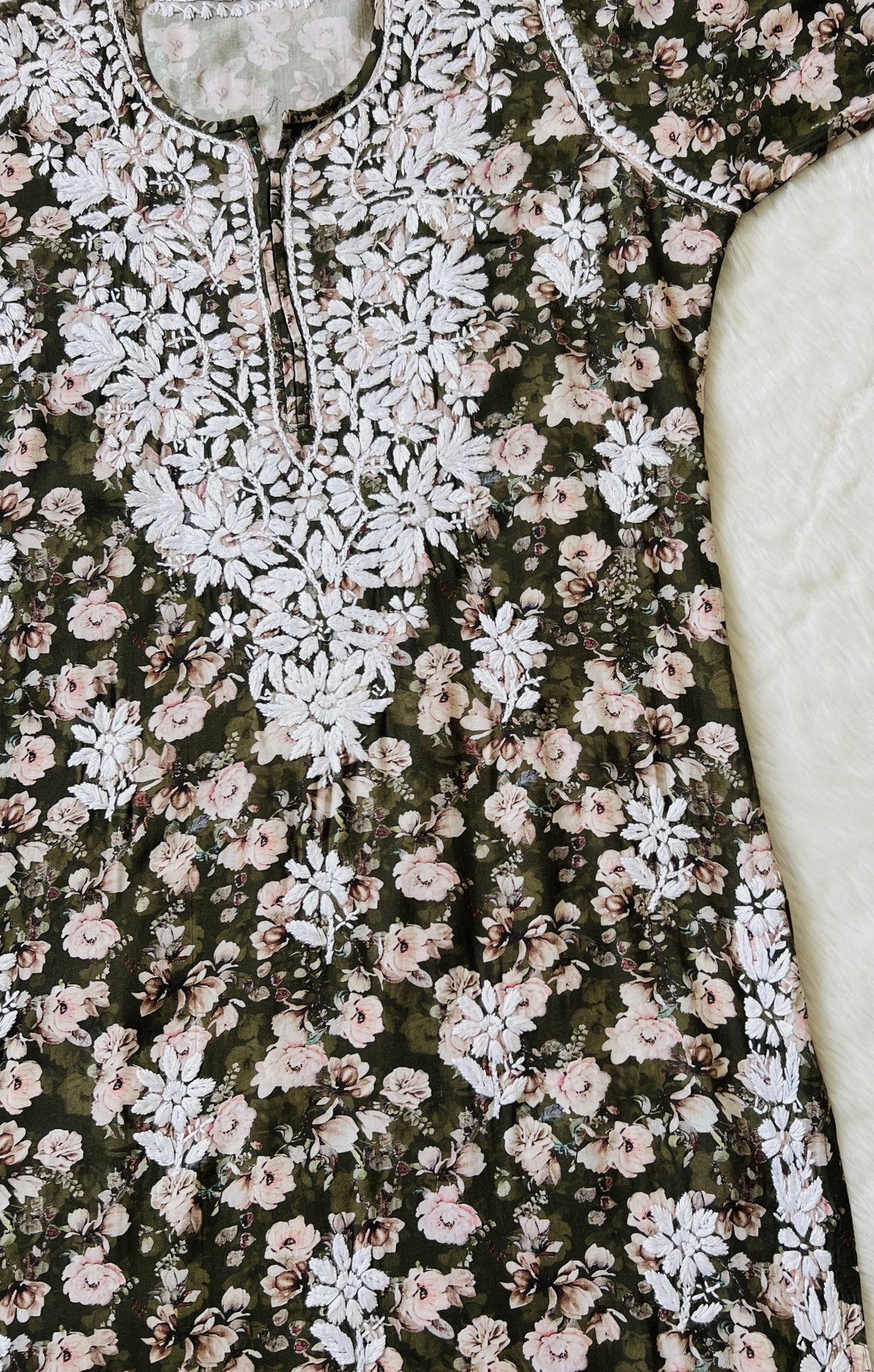 Iqra Olive Green Floral Printed Rayon Chikankari Kurta