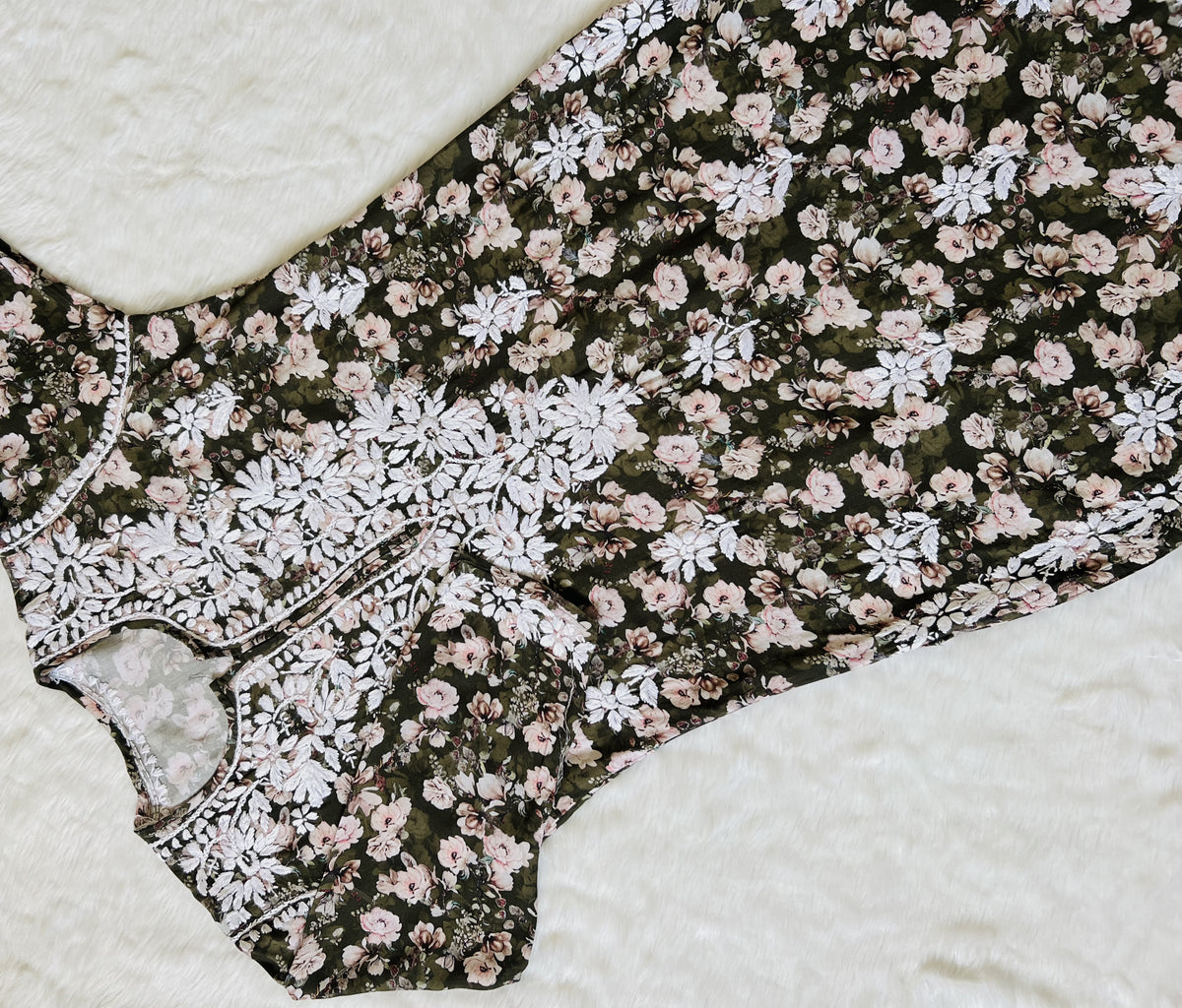 Iqra Olive Green Floral Printed Rayon Chikankari Kurta