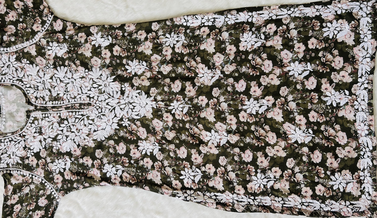 Iqra Olive Green Floral Printed Rayon Chikankari Kurta