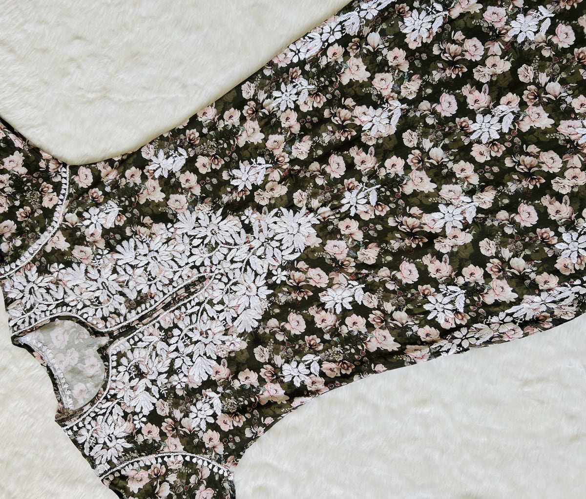 Iqra Olive Green Floral Printed Rayon Chikankari Kurta